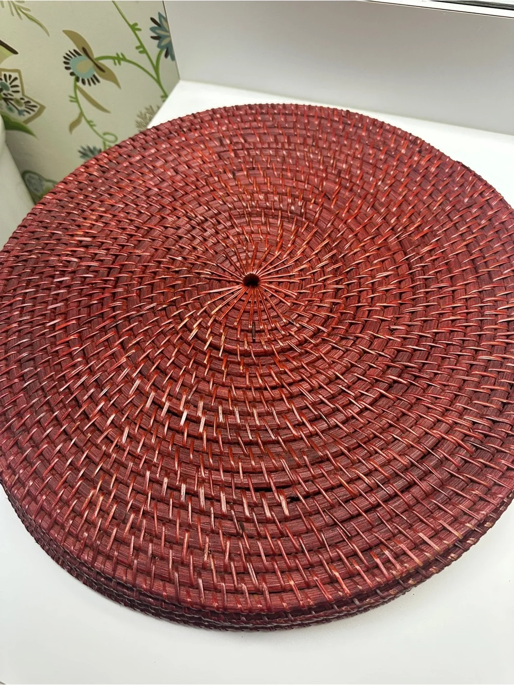 Set of 4 Round Woven Wicker Chargers/Placemats in Deep Red